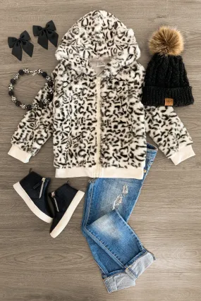 Fuzzy Snow Leopard Zip-Up Hoodie