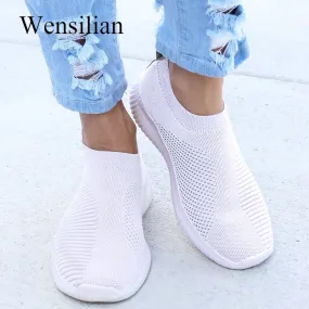 Summer Breathable Sneakers Women Treainers Knitted Vulcanized Shoes Mesh Slip On Sock Sneakers tenis feminino Zapatos Mujer