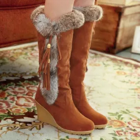 Women Keep Warm Lining Faux Fur Wedge High Heel Fringe Snow Boots